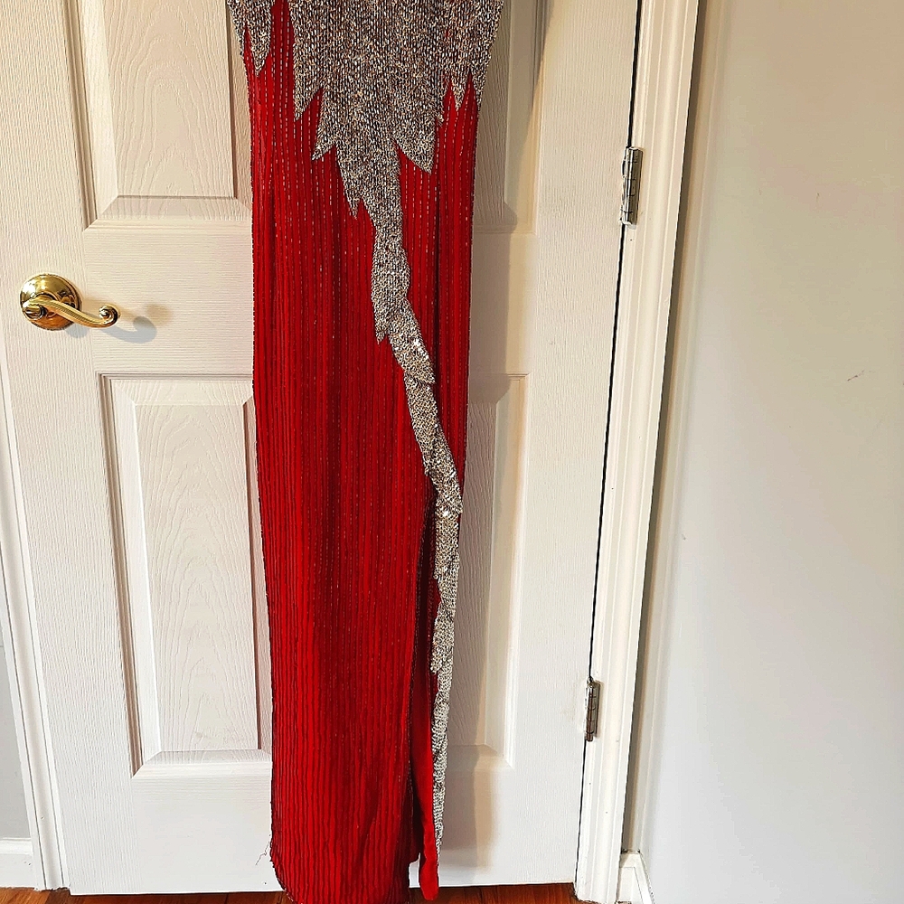100% Hand Beaded Red Gown With Slit - Picture 3 of 12